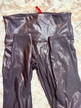 SPANX Black Faux-Leather Leggings with Red Tag